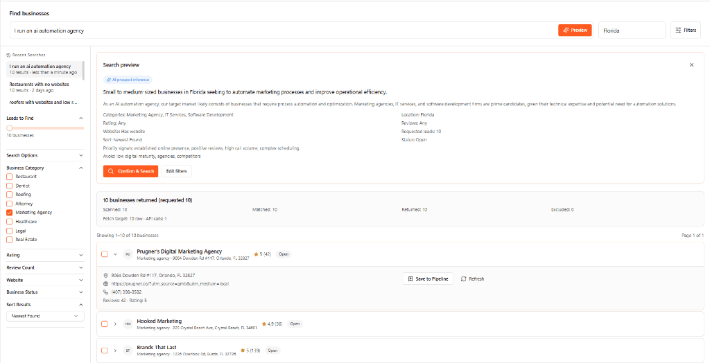 Find businesses that need you - Lead Discovery interface showing filter by location, industry, and digital signals. leads appear with hiring patterns, ad spend, and