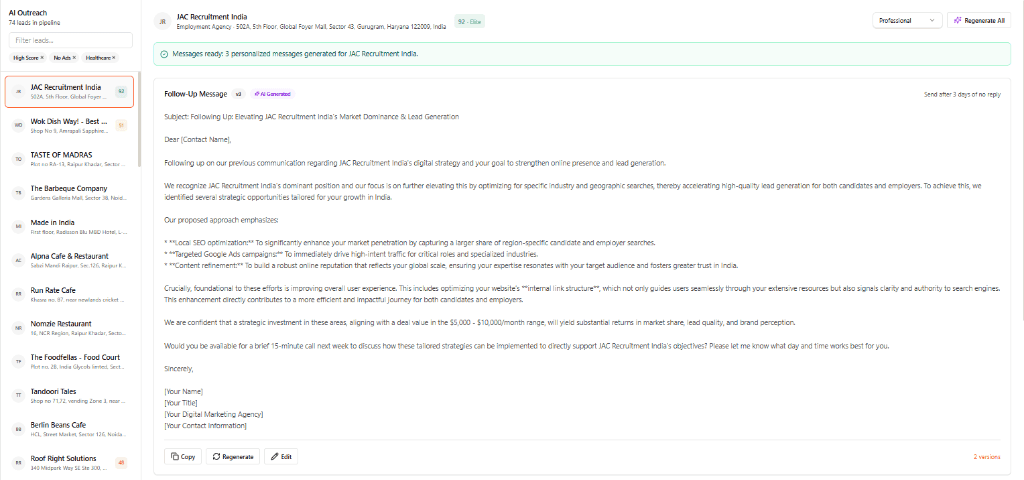 Write with confidence - Outreach Draft interface showing generate personalized outreach grounded in actual business context. follow-ups happen automatically